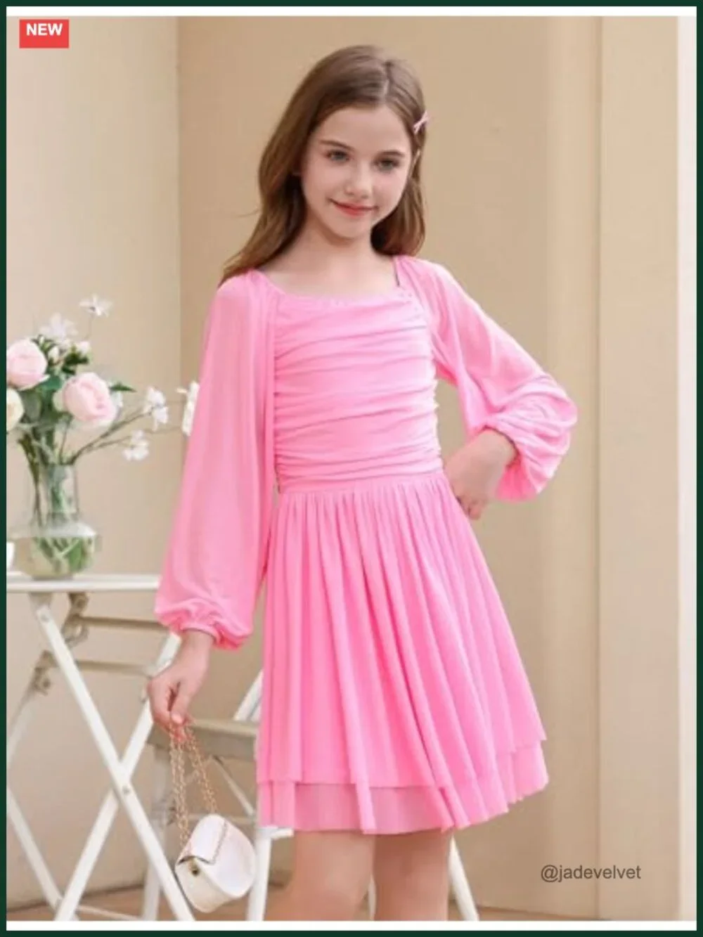 Girls Long Sleeve Formal Dress Ruched Flowy Birthday Party Prom